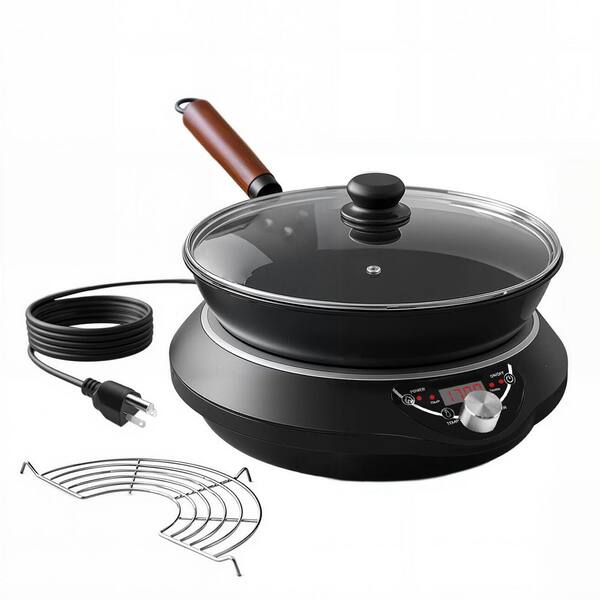 Black Induction Wok Cooktop Set 1 Piece Carbon Steel Wok with Lid Rack 16 Power Levels Timer Auto-Off