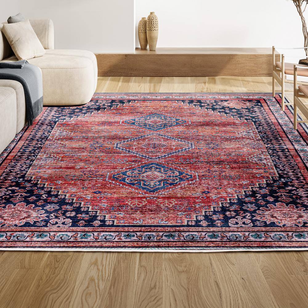 VersaTile Red Geometric 4' x 6' Easy-Care Synthetic Area Rug