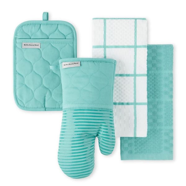 Quilted Cotton Terry Cloth Aqua Sky Kitchen Towels, Oven Mitt, Potholder 4-Piece