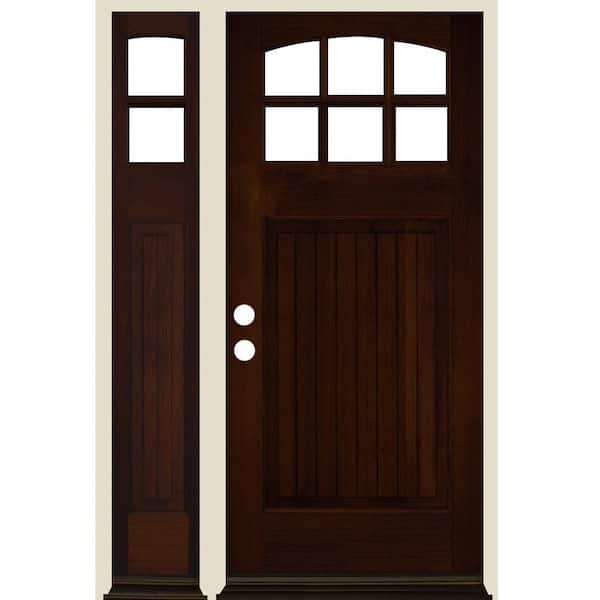 Krosswood Doors 50 in. x 80 in. V-Groove Arched 6-Lite Clear Glass Red Mahogany Stain Right Hand Hemlock Wood Prehung Front Door w/LSL