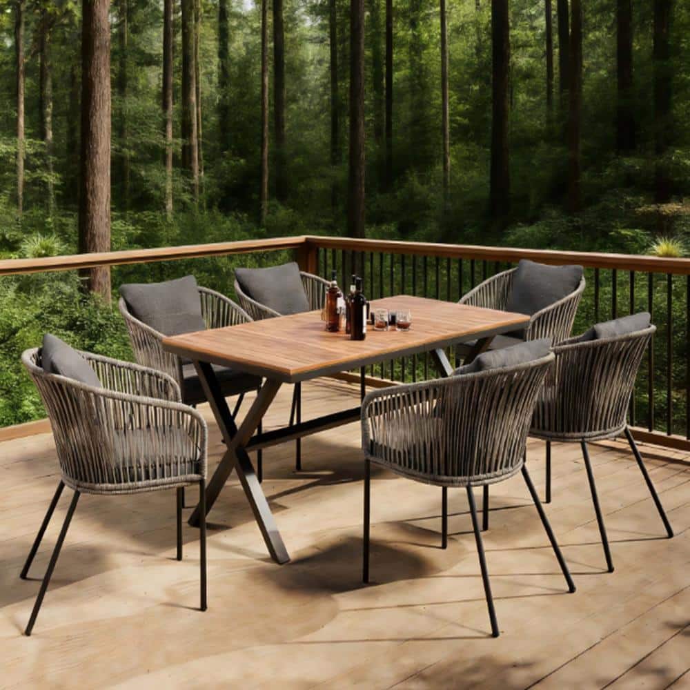Grey 7-Piece Metal Outdoor Dining Set with Grey Cushions and Rope for Poolside, Backyard, Garden price history on PriceWatchPro