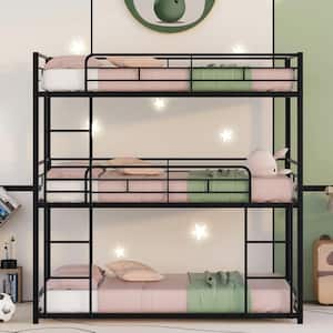 Black Twin Over Twin Metal Triple Bunk Bed, Heavy Duty Low Bunk Bed with Safety Guard Rails and Ladder