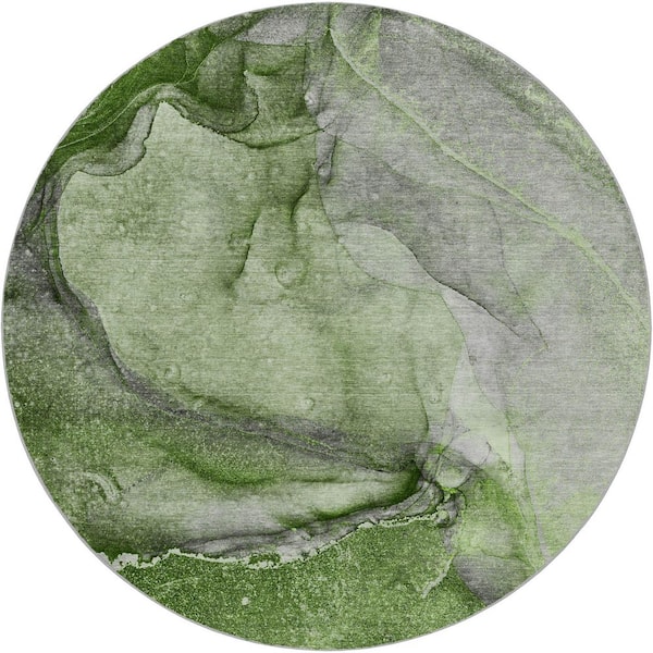 Dream Shag Premium Machine Washable Abstract ADS524 Olive 8 ft. x 8 ft. Round Rug