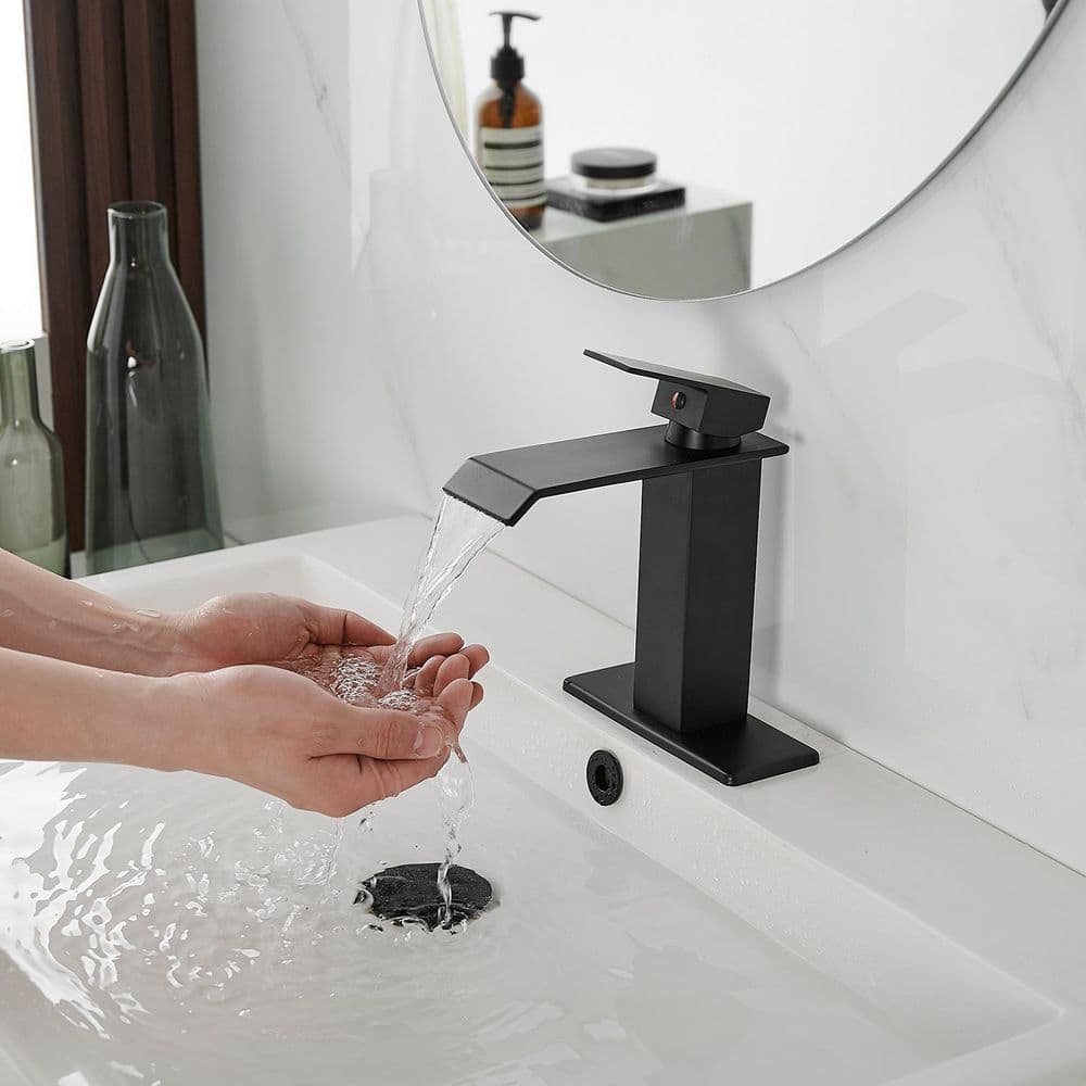 Matte Black Single-Handle Waterfall Bathroom Faucet with Supply Line