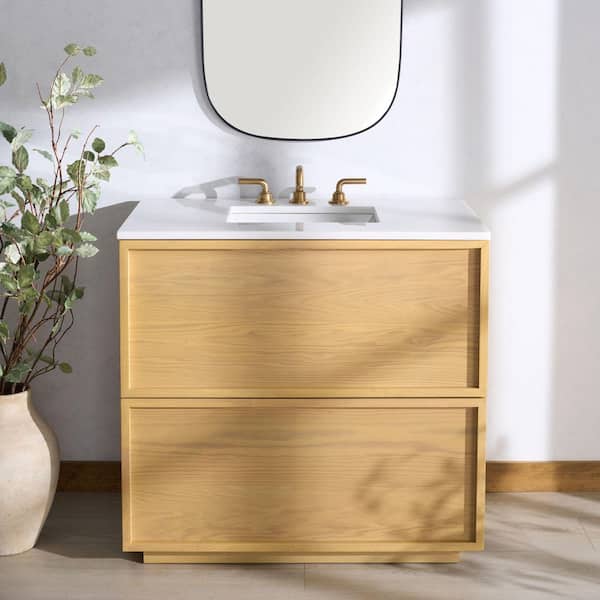 Zeus 36 in. Single Sink Natural Bath Vanity with White Marble Top
