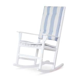 Moni Mahogany White Wood Outdoor Rocking Chair with Blue Stripe Cushion