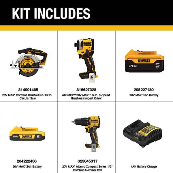 ATOMIC 20V Lithium-Ion Cordless 2-Tool Combo Kit and Brushless 6-1/2 in. Circular Saw w/ 5 Ah & 2 Ah Batteries & Charger