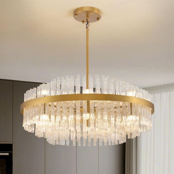 32 in. Modern 16-Light Round Copper Crystal Downrod Chandelier with Light Dining Room or Bedroom