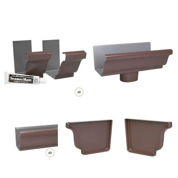 5 in. Brown Aluminum Gutter System (5-Pack), Seamers, End Caps, Drop Outlet