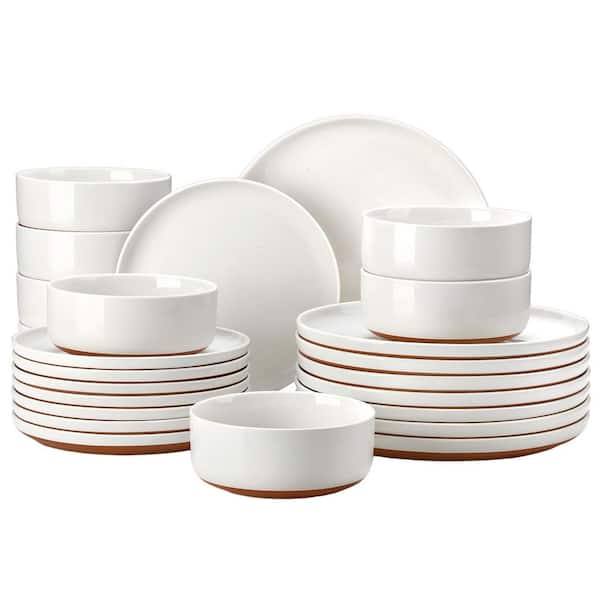 24-Piece Ceramic Plates and Bowls Sets, Stoneware Dinnerware Set (Service for 8), Microwave and Dishwasher Safe, White
