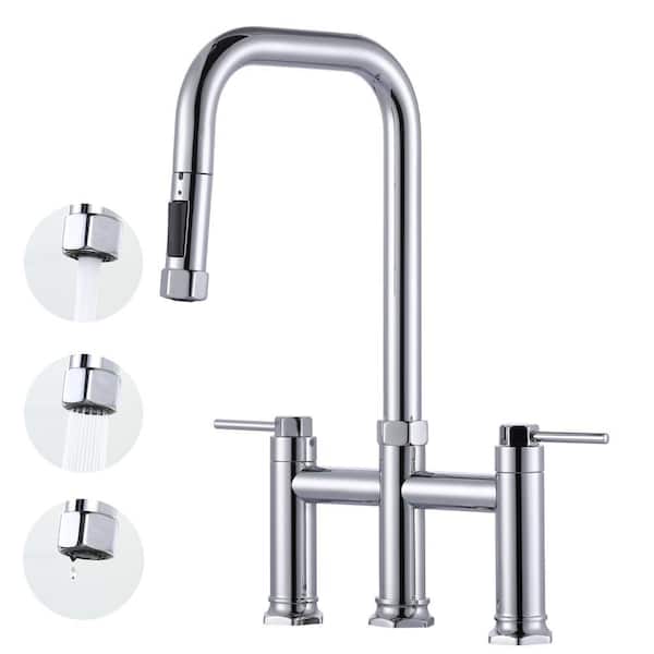 Brass Double Handle Deck Mounted Bridge Kitchen Faucet with Pull-Down Spray Head in Polished Chrome
