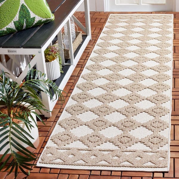 Global Beige/Brown 2 ft. x 8 ft. Diamond Ornate Border Indoor/Outdoor Runner Rug