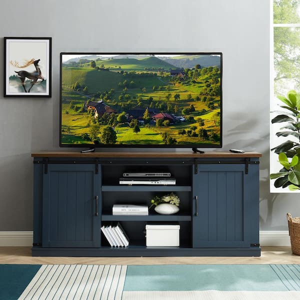 FESTIVO 68 in. Navy with Walnut Color Desktop TV Stand for TVs up to 75 in.