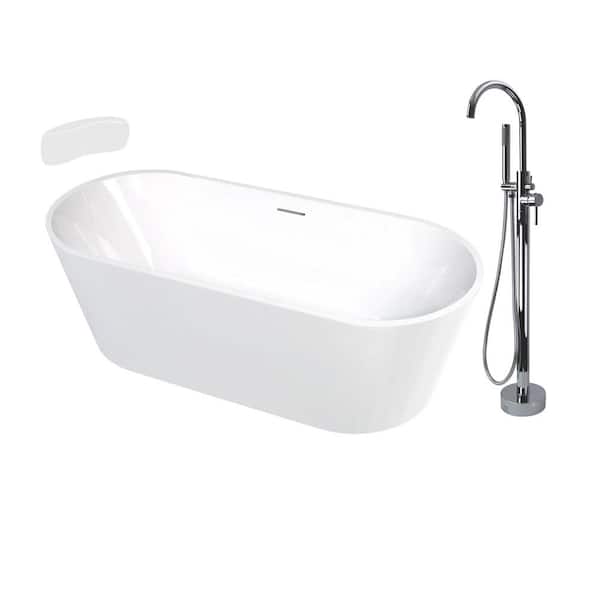Transolid Maris Grande 67 in. x 31.125 in. Soaking Bathtub with Center Drain in Gloss White/Polished Chrome with Faucet and Pillow