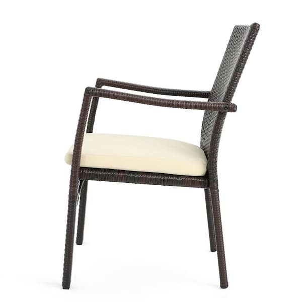 Haley Multi-Brown 5-Piece Wood and Faux Rattan Outdoor Patio Dining Set with Cream Cushions