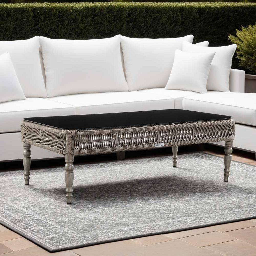 Safari Brown Aluminum and Glass Outdoor Coffee Table with Rope Weaving