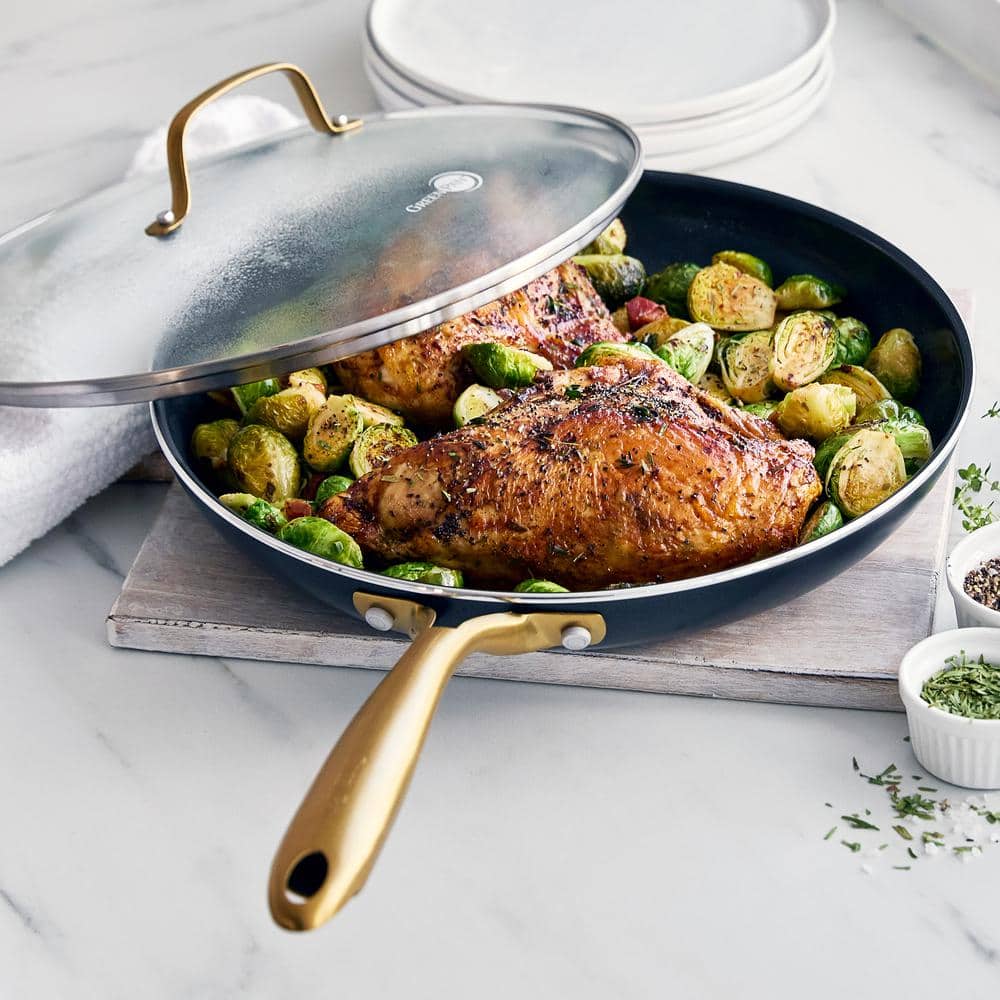 12" Black Aluminum Nonstick Frypan with Gold Handle and Lid