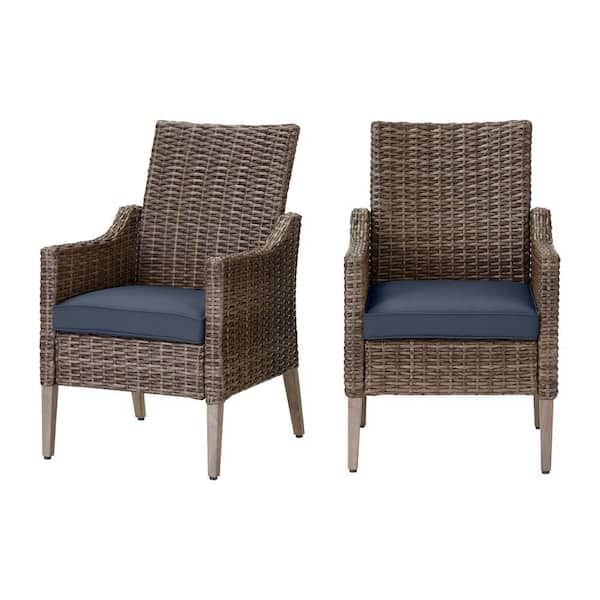 Hampton Bay Rock Cliff Brown Wicker Outdoor Patio Stationary Dining Chair with CushionGuard Sky Blue Cushions (2-Pack)