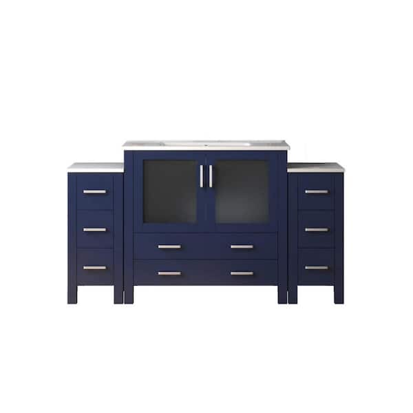 Volez 60 in. W x 18.25 in. D Navy Blue Double Bath Vanity with Side Cabinets, and White Ceramic Top