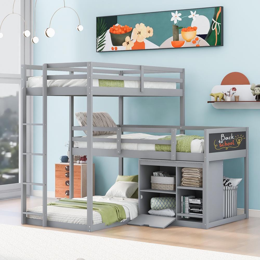 Harper & Bright Designs Gray L-Shaped Wood Triple Twin Size Bunk Bed with Blackboard, 4-Storage Cabinets and Ladder - 1