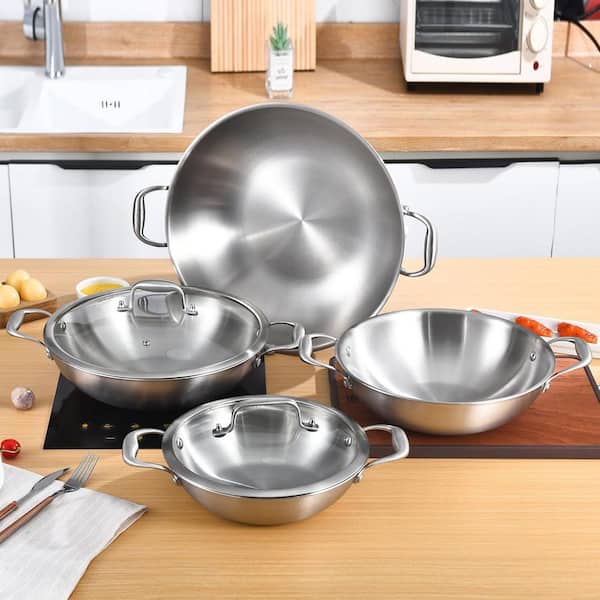 14.5 in. Wok Deep Stir-Fry Pan Stainless Steel Tri-Ply Induction Compatible Dishwasher Oven Safe Jumbo Cooker