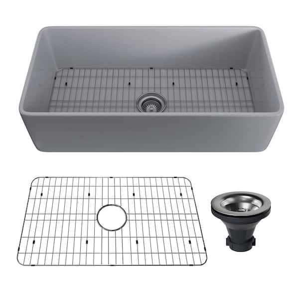 Dimakai 36 in. Farmhouse Apron Front Single Bowl Matte Gray Fireclay Kitchen Sink with Drain Grid and Drain Assembly