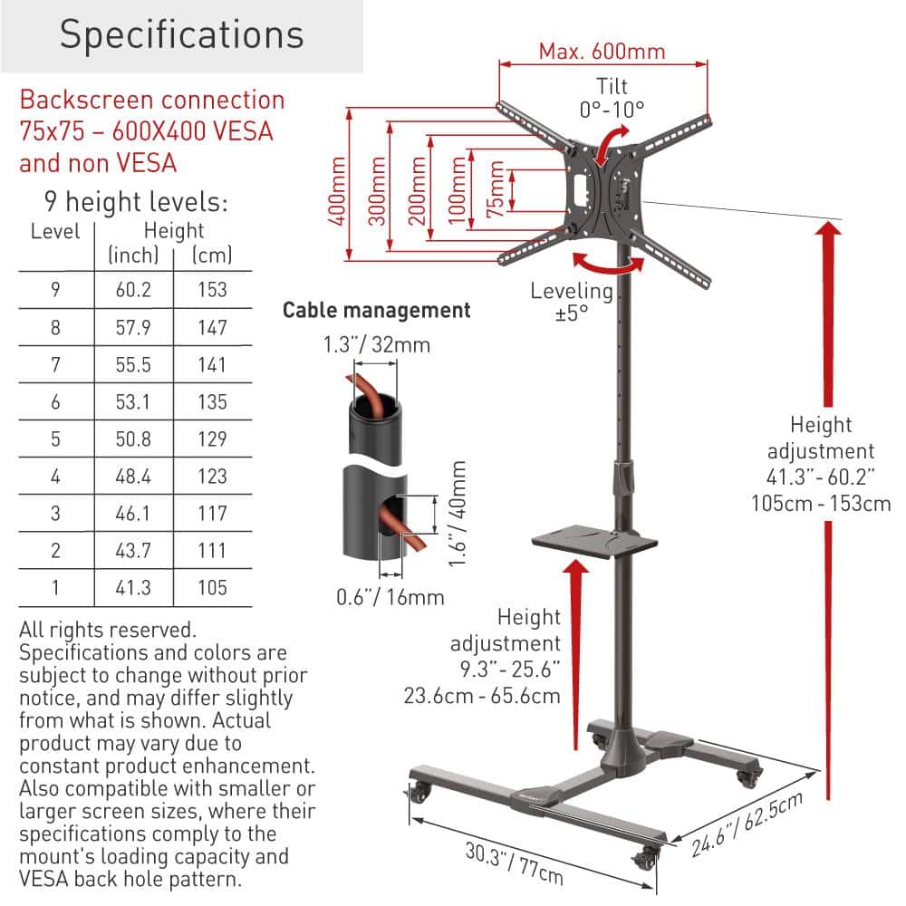 Black Full Motion Mobile TV Cart with Metal Shelf for 13-83 inch Screens