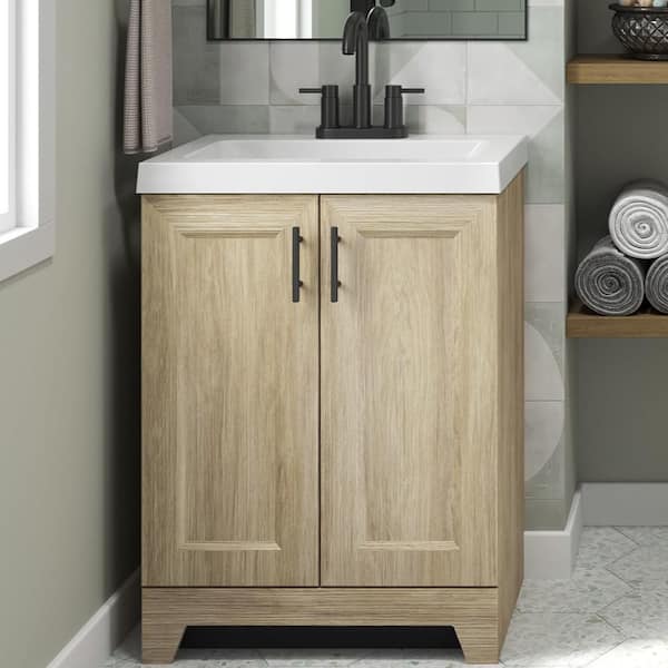 Glacier Bay Brindle 24.5 in. W x 16.25 in. D x 33.8 in. H Single Sink Bath Vanity in Sandstone with White Cultured Marble Top
