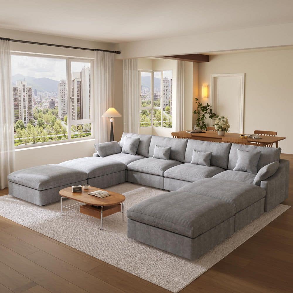 Gray Sectional Sofa 8-Piece Linen Feather Modular Free Combination Living Room Set with Ottomans, Removeble Covers