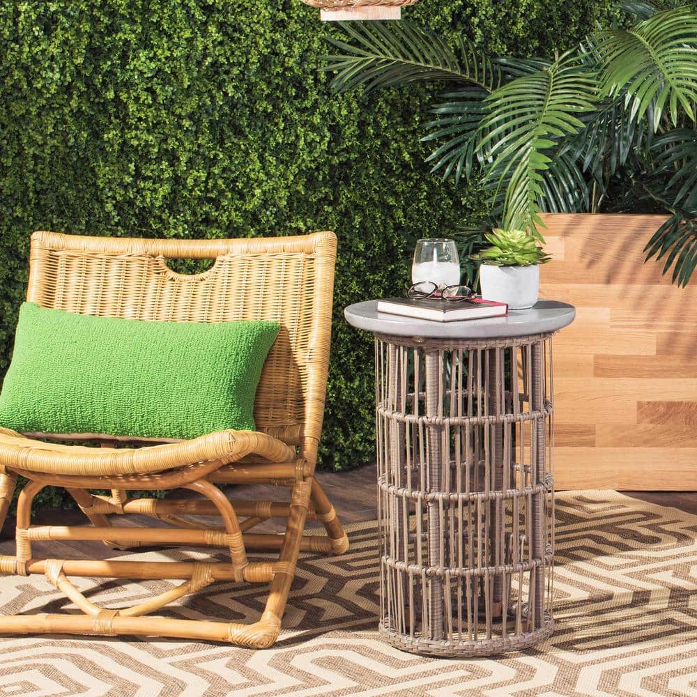 Fane 16'' Dark Grey Concrete & Rattan Round Side Table