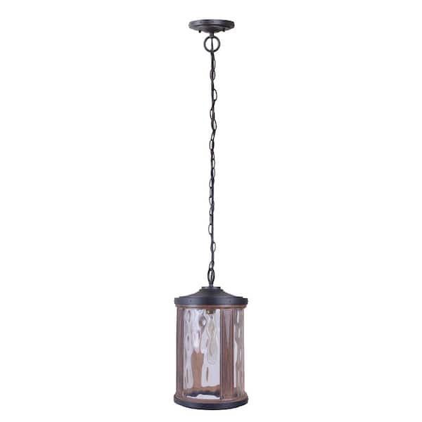 Madera 15.99 in. 1 Light Black/Wood Finish Dimmable Outdoor Ceiling Pendant Light w/ Clear Water Glass, No Bulb Included
