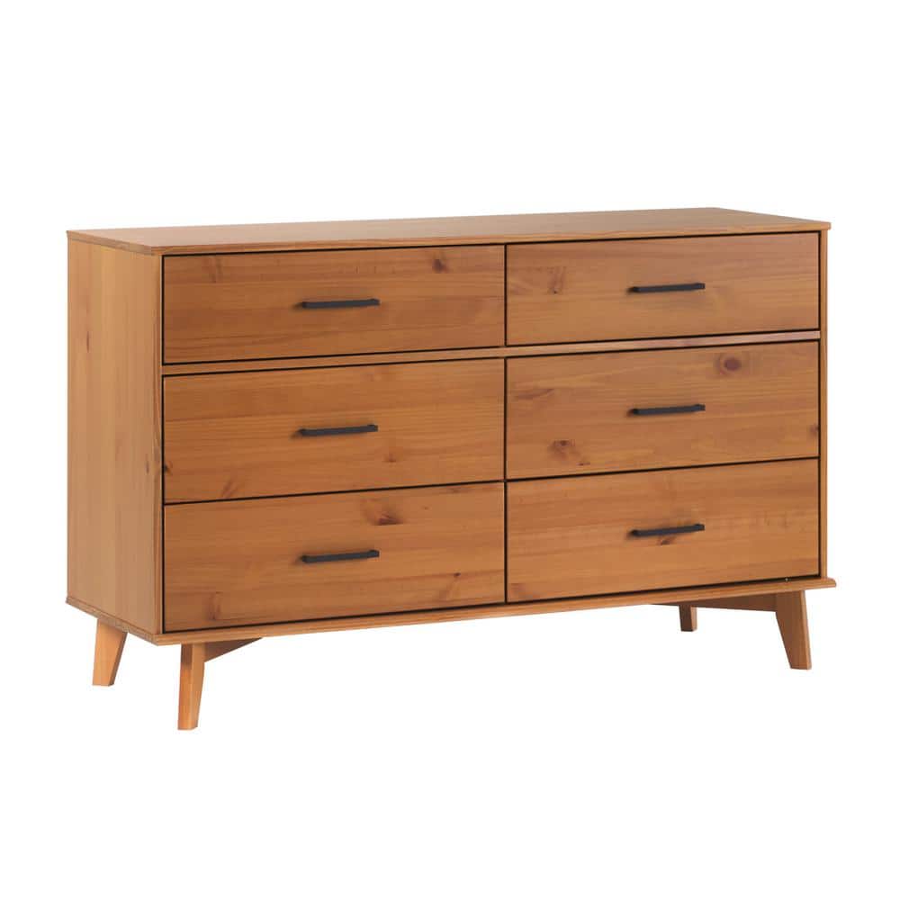 Caramel Solid Pine Wood 6-Drawer Dresser with Metal Handles