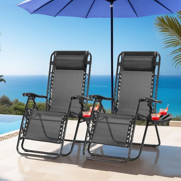 Patio Black Metal Folding Beach Chair Zero Gravity Chairs with Cup Holder Trays (Set of 2)
