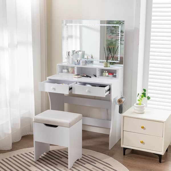 Vanity Set with 4-Drawers, 2-Piece White Makeup Vanity Set with LED Lighted Mirror, Cushioned Stool and Power Outlets