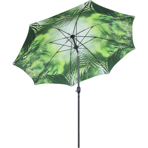 Sunnydaze 8 ft. Inside Out Market Push Button Tilt and Crank Patio Umbrella in Green Tropical Leaf Design