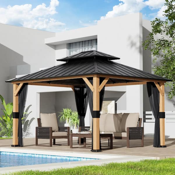 Spruce Wood 13 ft. x 11 ft. Outdoor Hardtop Gazebo wuth Double Galvanized Steel Roof Gazebo and Mosquito Netting