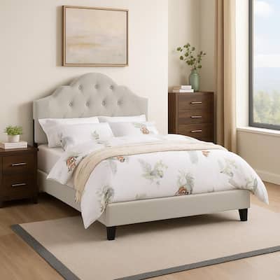 Eni Taupe Brown Wood Frame Full Panel Bed with Tufted Adjustable Headboard