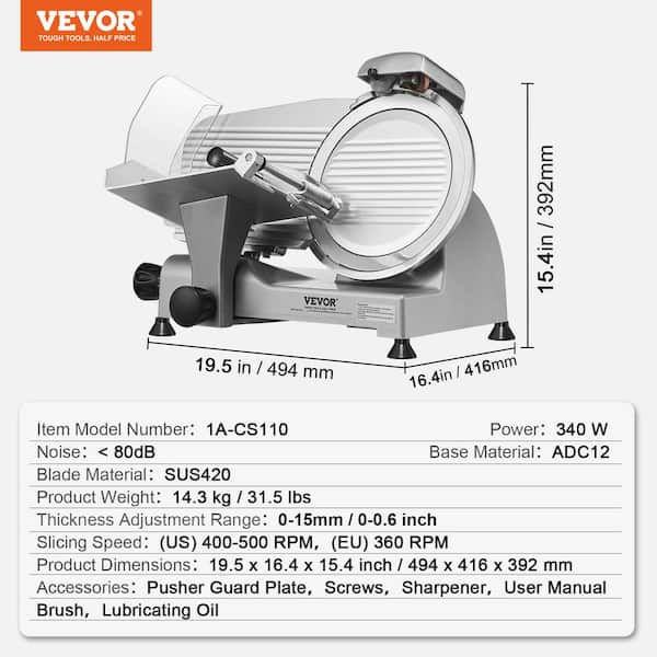 VEVOR Meat Slicer, 340W, 10 in. SUS420 Stainless Steel Blade and Built-in Sharpening Stone, 0-0.6 in. Adjustable Thickness QPJ12JK-300A60HZ1V1 VEVOR Meat Slicer, 340W, 10 in. SUS420 Stainless Steel Blade and Built-in Sharpening Stone, 0-0.6 in. Adjustable Thickness QPJ12JK-300A60HZ1V1