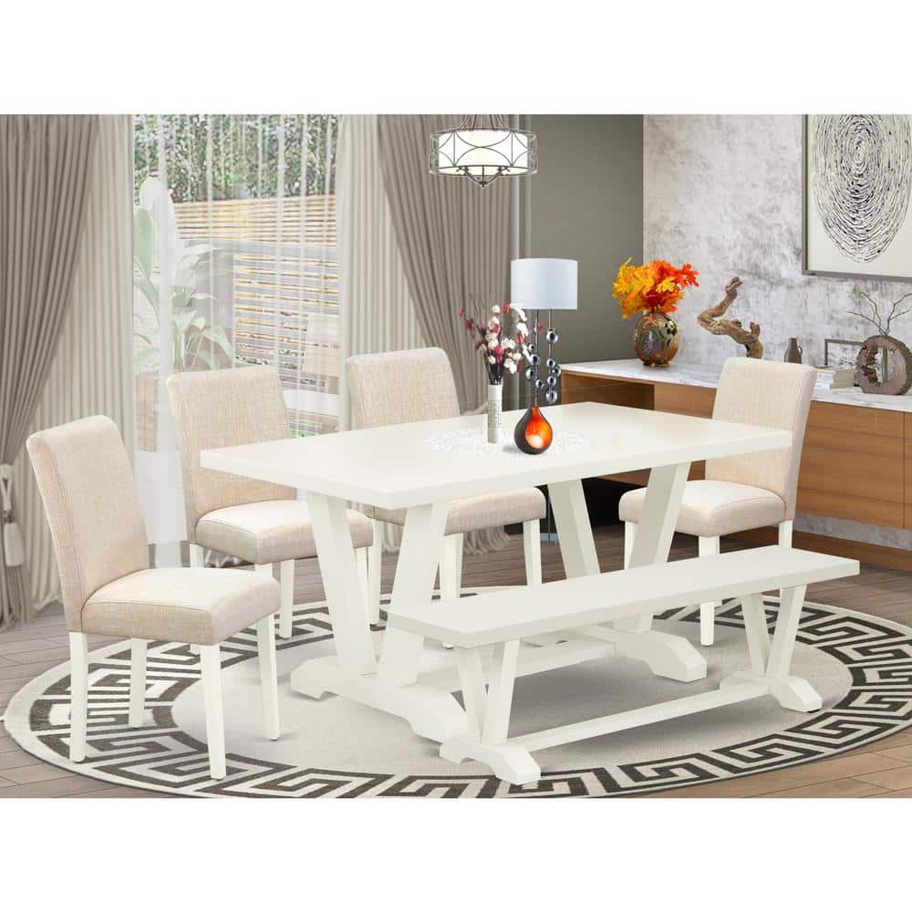 6-Piece Rectangle Natural Oak Finish Solid Wood Top Dining Table with 1-Bench, 4-Chairs with Lattice Back
