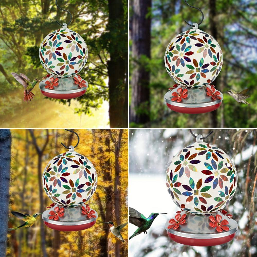 Multicolor Hand-Blown Glass Hanging Hummingbird Feeder with Metal Base