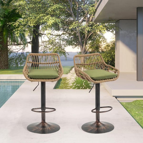 HOMEFUN 43 in. Anti-Bronze Metal Frame Adjustable Outdoor Bar Stool with Green Rattan Removable Cushioned Seat (Set of 2)