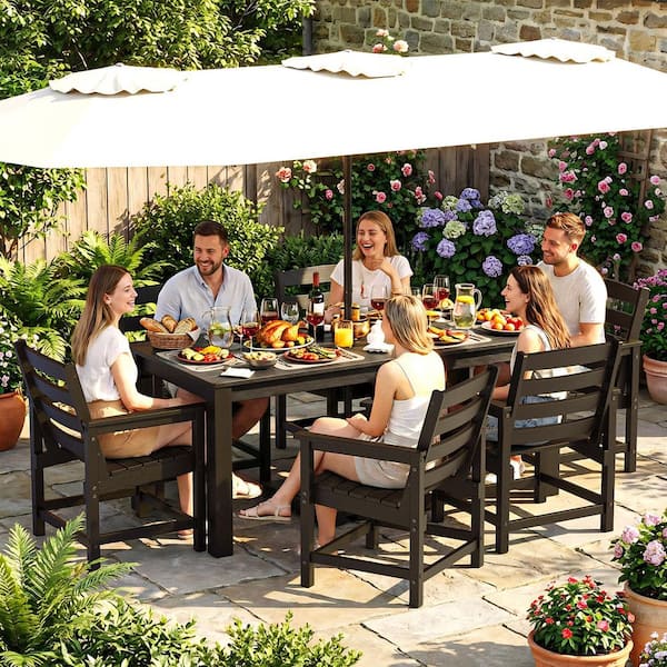 barn patio dining with umbrellas MFSTUDIO 5 Pcs Set Umbrella(Orange Red) Designed for both comfort and durability Latitude Run 8 Pieces Patio