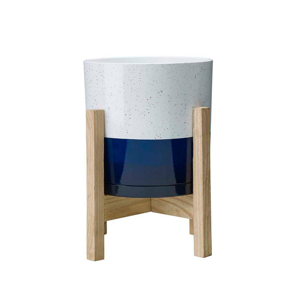 Small White and Blue Resin Indoor Planter with Wood Stand