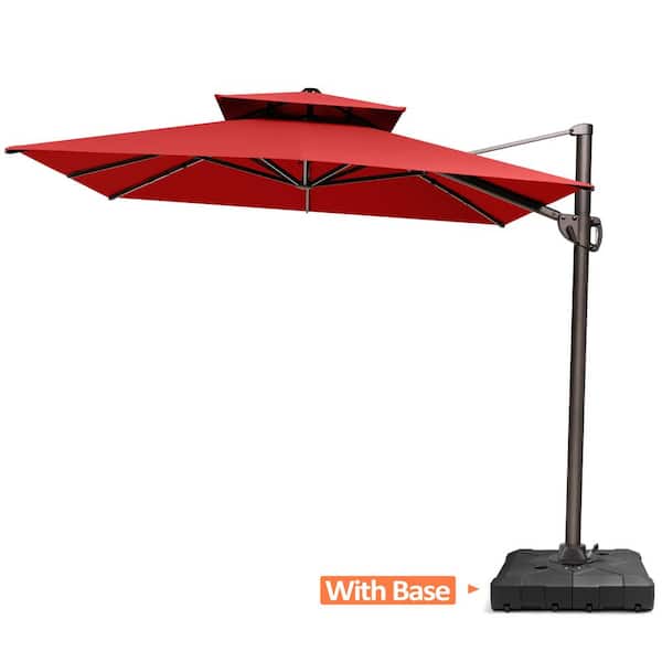 Pellebant 11.5 ft. x 9 ft. Aluminum Rectangular Double Top Tiltable 360° Swivel Cantilever Patio Umbrella in Red, 260 lbs. Stand