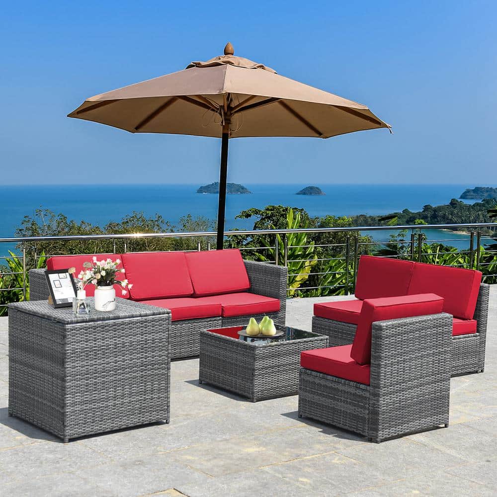 8-Piece Red Cushioned Wicker Rattan Patio Sofa Set with Storage Table