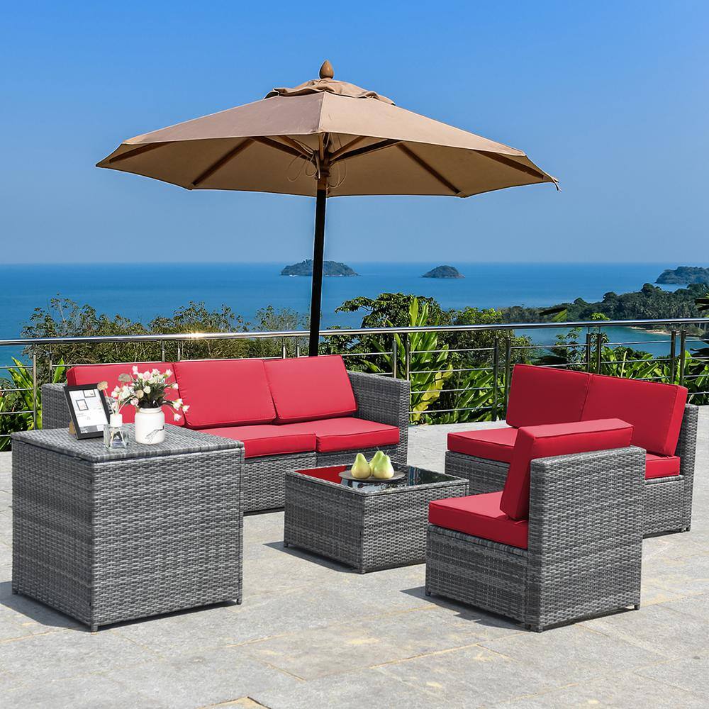 8-Piece Red Cushioned Wicker Rattan Patio Sofa Set with Storage Table