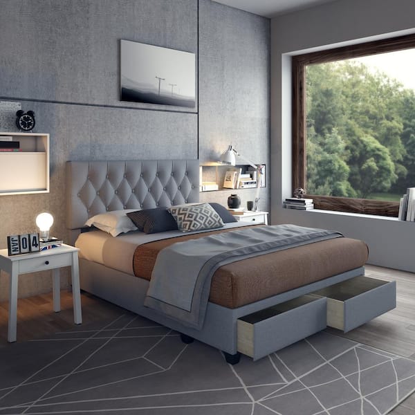 Salerno Linen Upholstered Tufted Platform Storage Bed Frame, Queen, Gray