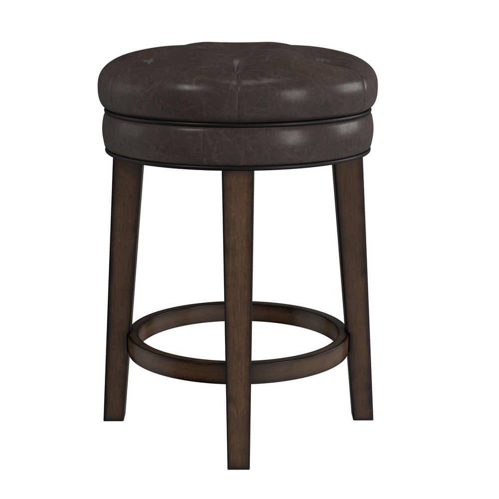 Classic Charcoal Gray Button-Tufted Leather Swivel Counter Stool