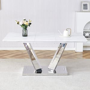 63.00 in. White/Sliver Mordern Faux Mable Top Rectangular Pedestal Dining Table with Silver Legs Seats 6-8
