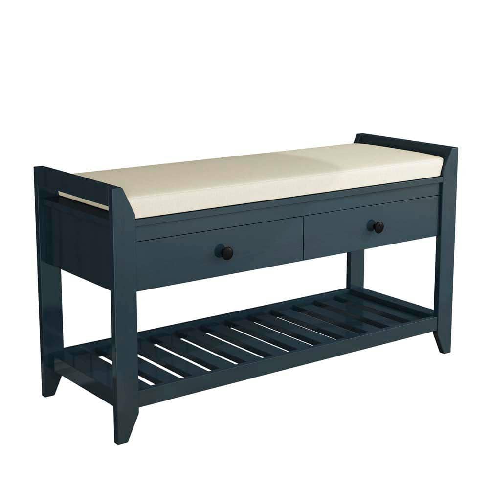 P PURLOVE Entryway Storage Bench with Cushioned Seat Shoe Rack with 2  Drawers and Storage Shelf, Antique Navy